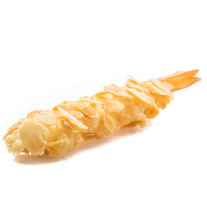 gamberone in tempura con mandorle tostate